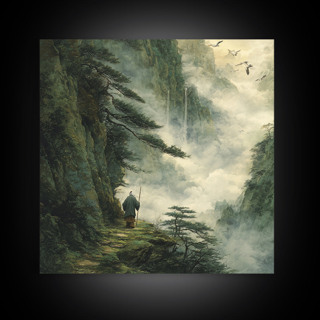 Misty Mountain Path Wanderer Wall Art, Tranquil Fantasy Landscape Painting Print, Zen Nature Home Decor Canvas Print