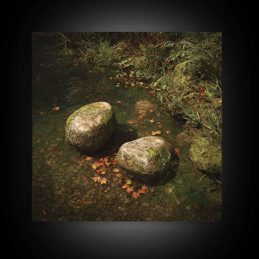 Zen River Stones With Autumn Leaves Wall Art, Tranquil Nature Landscape Canvas Print, Minimalist Forest Creek Decor For Spa Or Bedroom