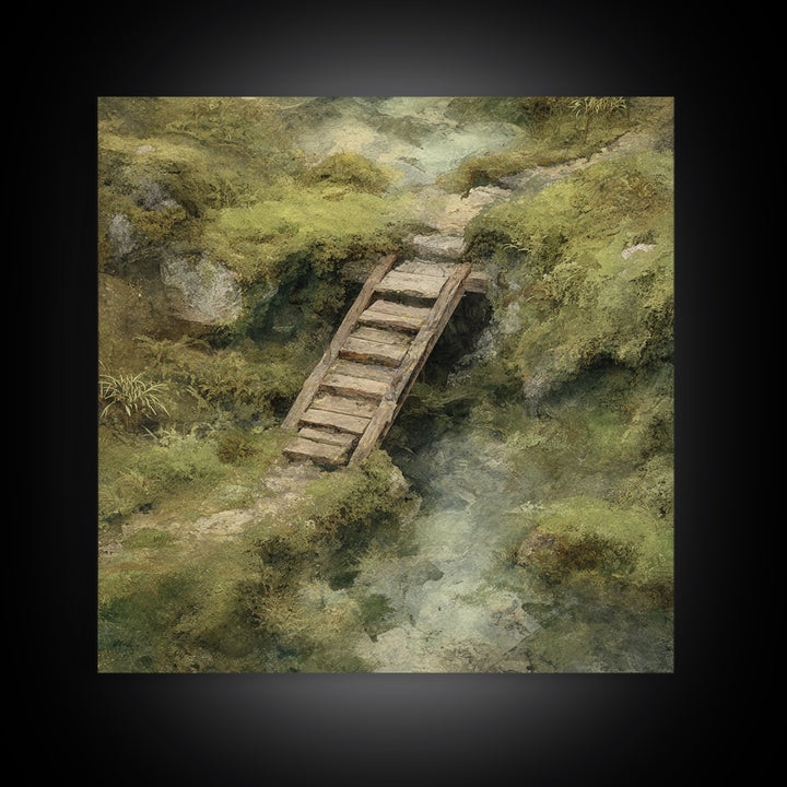 Rustic Wooden Footbridge Over Stream Wall Art, Tranquil Forest Landscape Canvas Print, Nature Home Decor For Bedroom Or Cozy Living Room