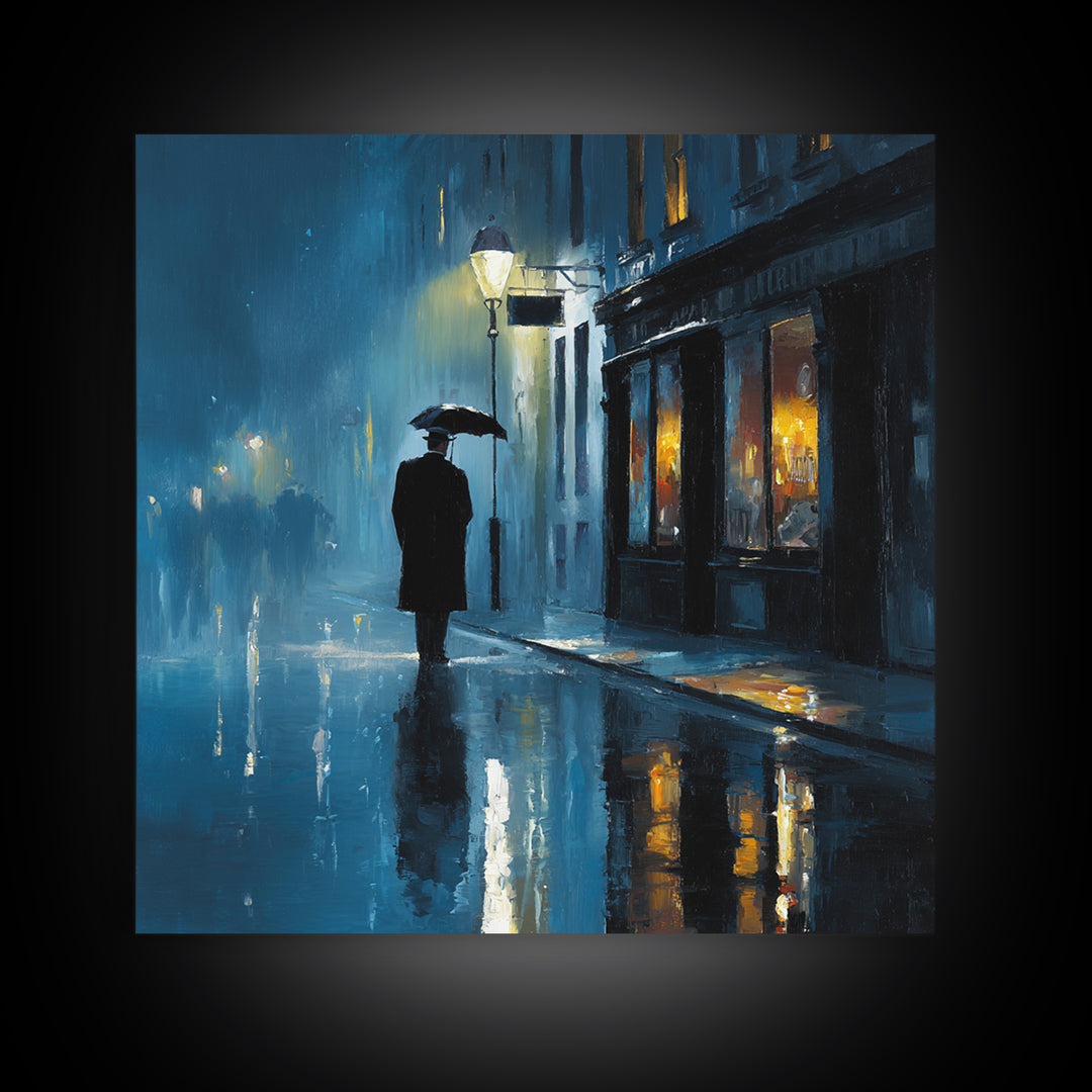 Rainy Blue City Street With Umbrella Canvas Print, Moody Urban Wall Art, Paris Cafe Decor, Romantic Bedroom Living Room Decor