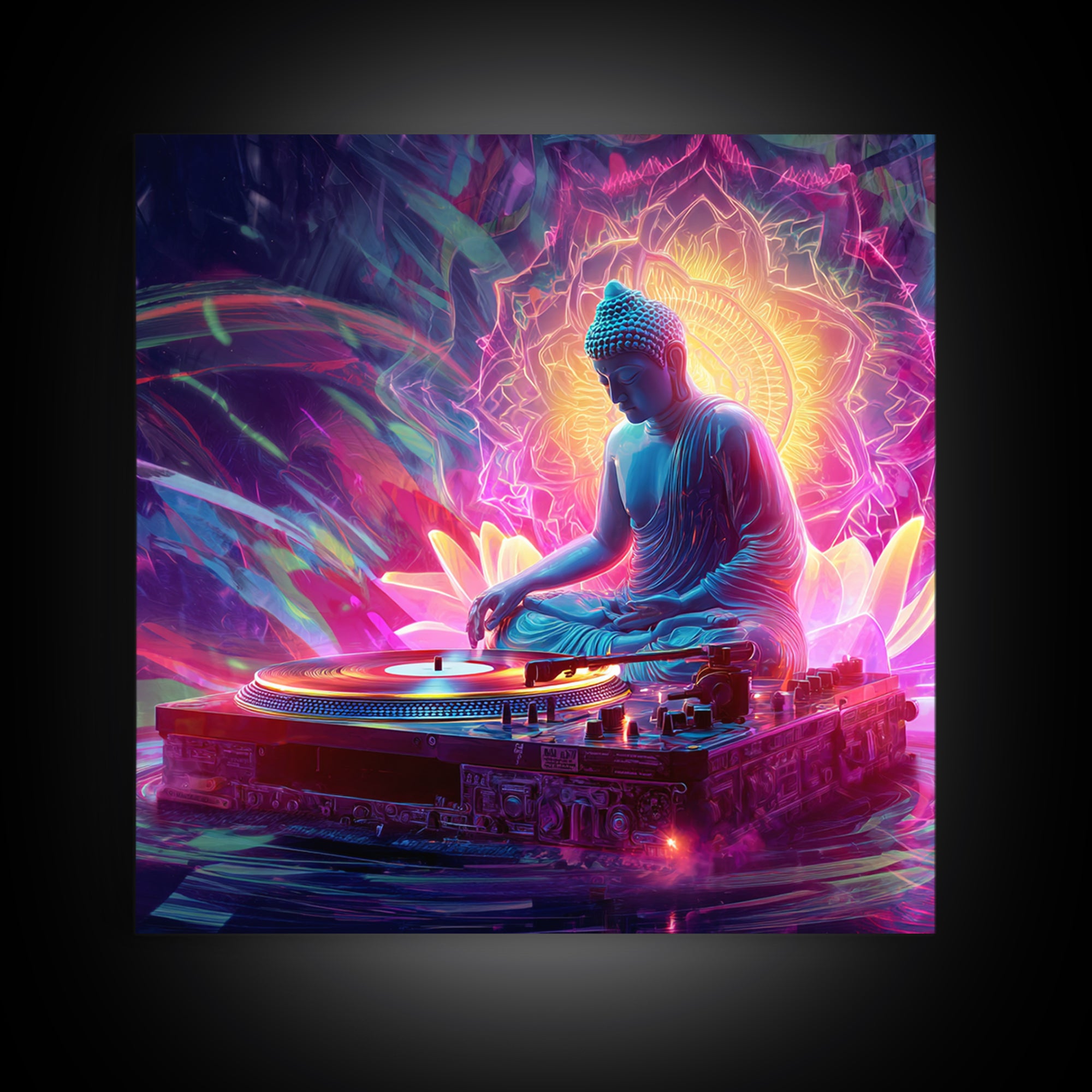 Meditative Buddha DJ Neon Wall Art Canvas Print, Psychedelic Spiritual Music Poster For Gaming Room And Modern Decor