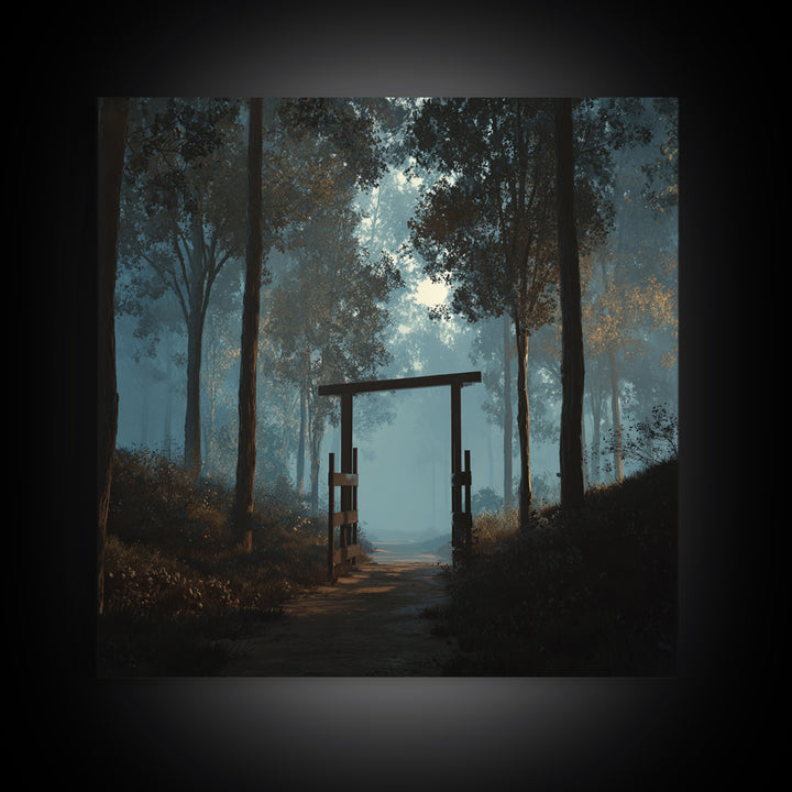 Moody Forest Gate Landscape Wall Art, Misty Woodland Path Canvas Print, Calming Nature Painting For Rustic Home Or Bedroom Decor