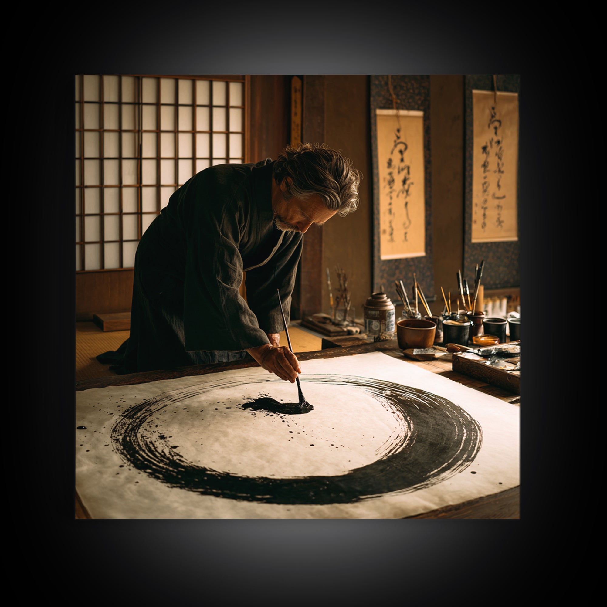 Japanese Calligrapher Painting Zen Enso Circle Wall Art, Serene Asian Ink Canvas Print For Mindful Home Decor