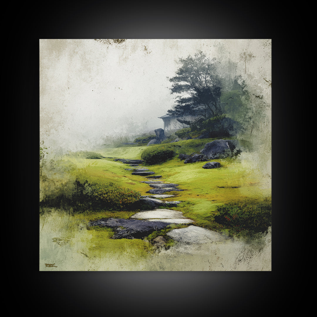 Misty Stone Path Garden Landscape Wall Art, Serene Zen Canvas Print, Wabi Sabi Nature Home Decor, Calming Wall Art