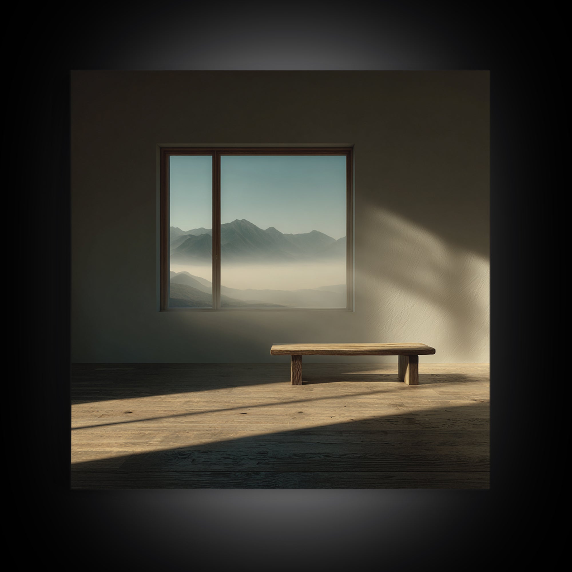 Minimalist Japandi Interior Wall Art, Sunlit Bench And Mountain View Framed Canvas Print, Neutral Zen Home Decor