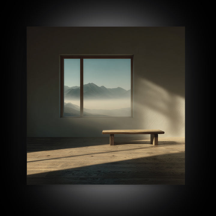 Minimalist Japandi Interior Wall Art, Sunlit Bench And Mountain View Framed Canvas Print, Neutral Zen Home Decor