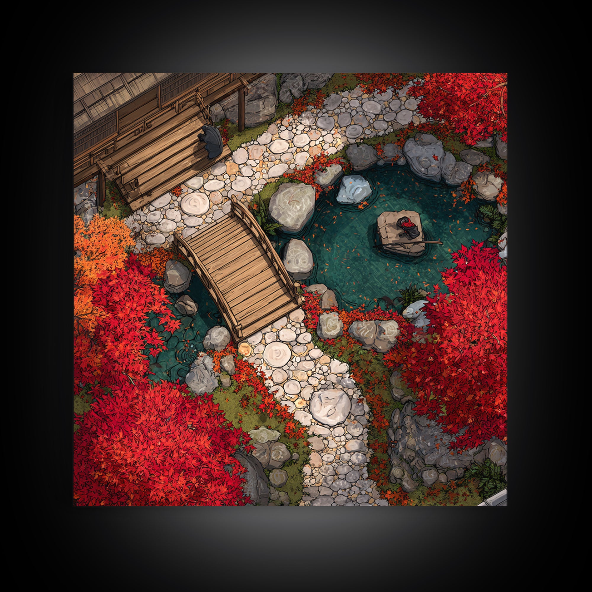 Autumn Japanese Garden Bridge Aerial Landscape Wall Art, Red Maple Trees Zen Pathway Canvas Print