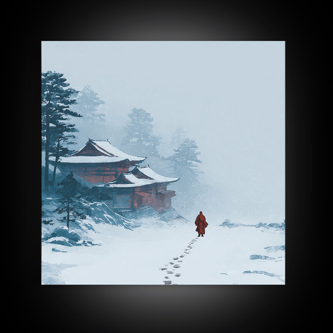 Solitary Monk Walking To Temple In Snow Wall Art, Minimalist Japanese Landscape Print, Tranquil Zen Home Decor