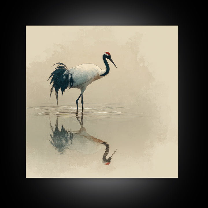 Elegant Red Crowned Crane Wall Art Print, Minimalist Japanese Bird Painting, Neutral Nature Canvas Print For Japandi Style Living Room Decor