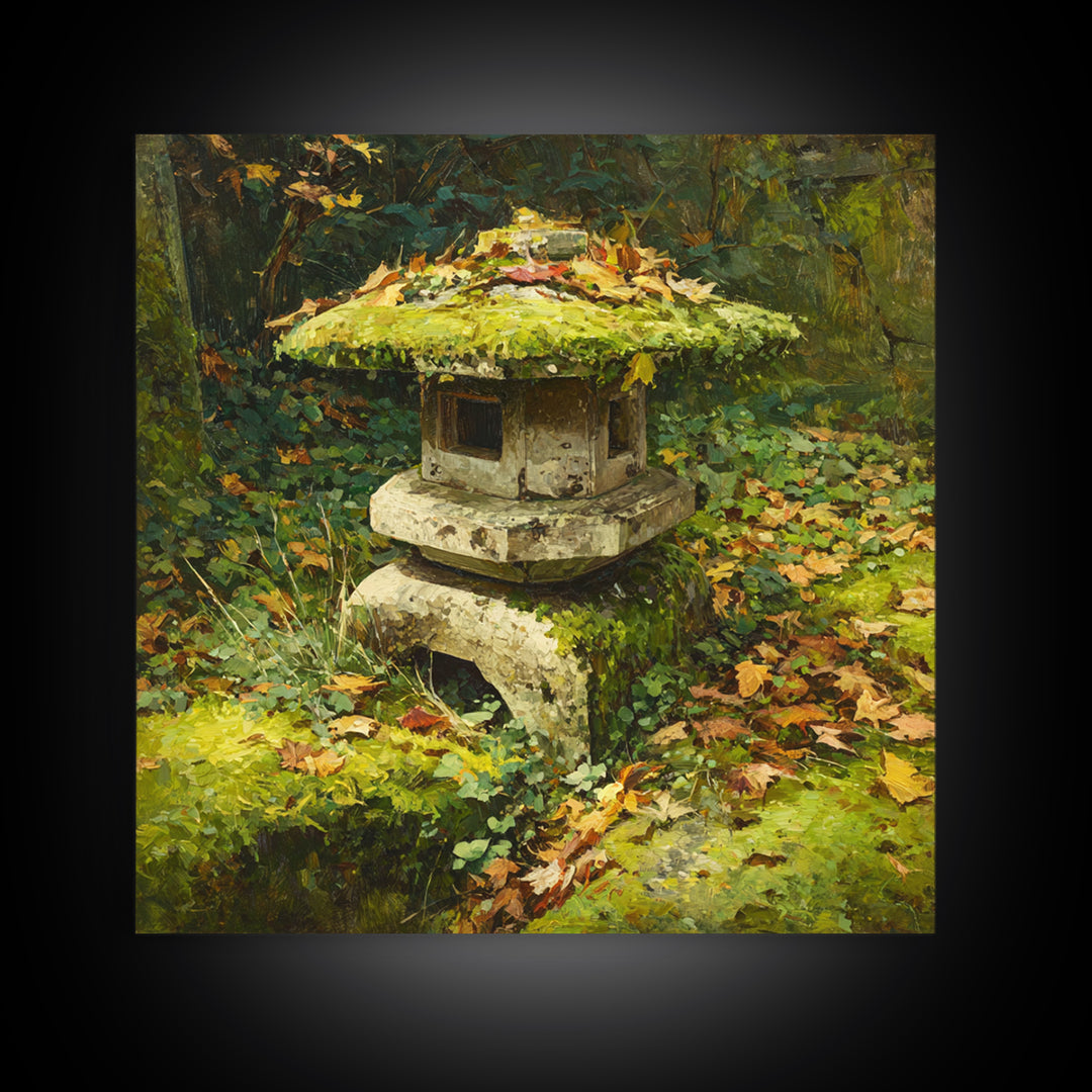 Japanese Garden Lantern Wall Art, Mossy Stone Sculpture Print, Tranquil Nature Decor, Wabi Sabi Garden Wall Art