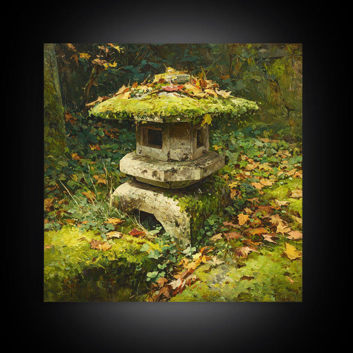 Japanese Garden Lantern Wall Art, Mossy Stone Sculpture Print, Tranquil Nature Decor, Wabi Sabi Garden Wall Art