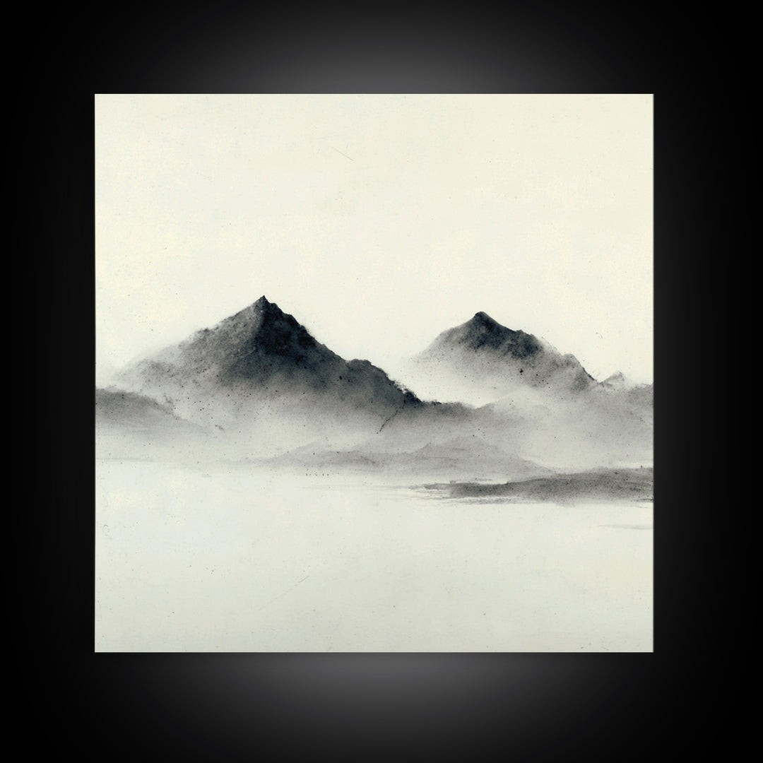 Minimal Misty Mountain Landscape Wall Art, Black And White Ink Painting Print, Serene Japandi Decor For Modern Bedroom Or Office