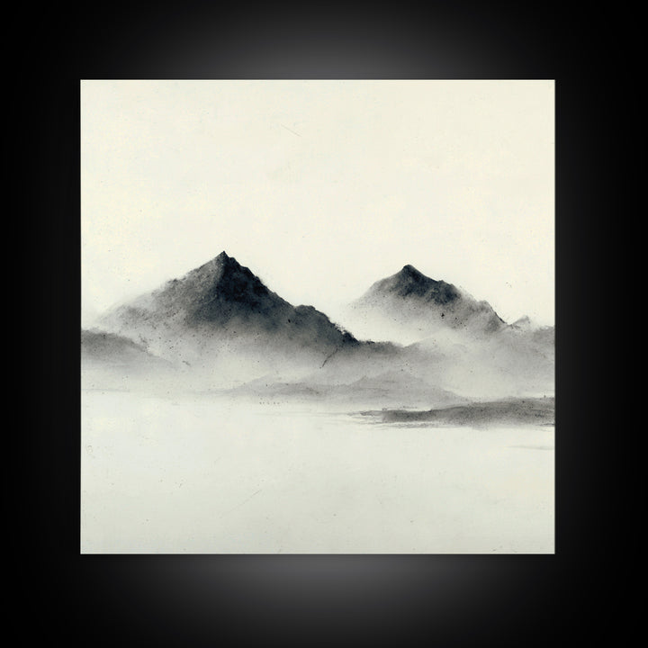 Minimal Misty Mountain Landscape Wall Art, Black And White Ink Painting Print, Serene Japandi Decor For Modern Bedroom Or Office