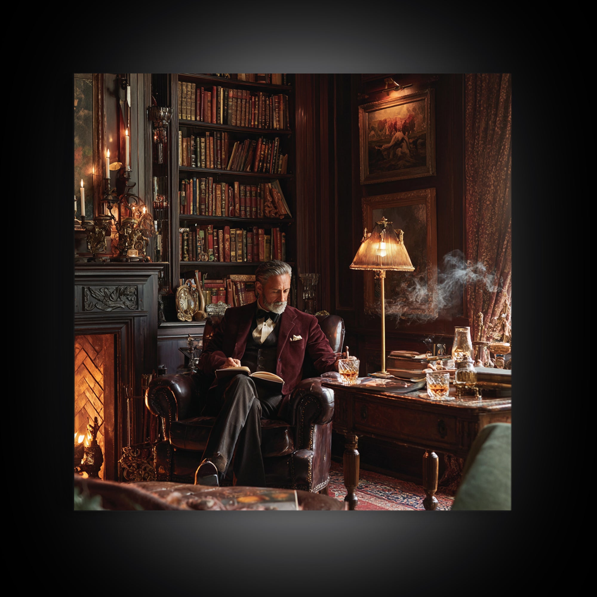 Elegant Gentleman Reading By Fireplace Framed Canvas Print, Dark Academia Library Wall Art, Old World Office Decor Gift For Him