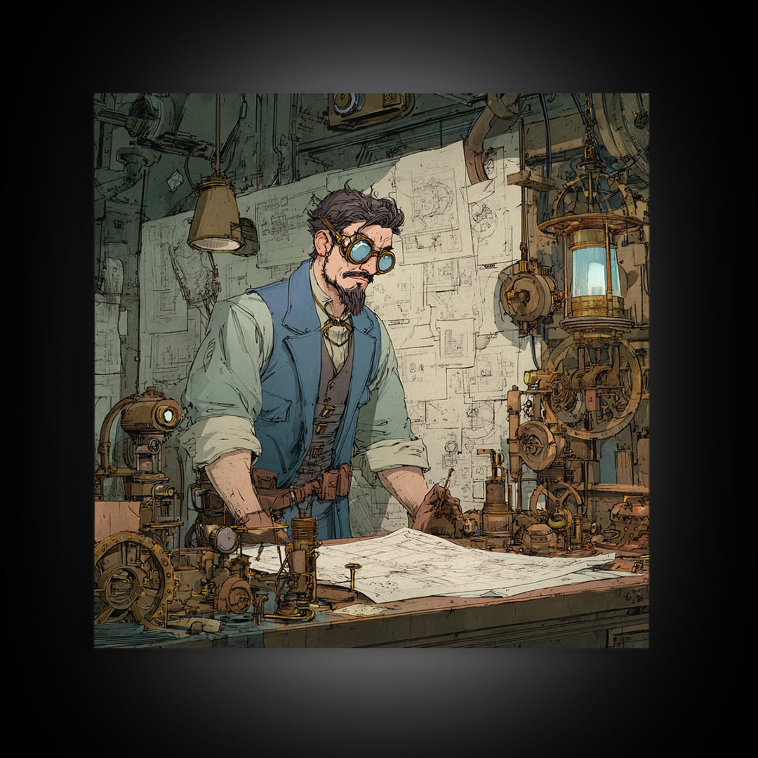 Steampunk Inventor Drafting Blueprints Canvas Print, Industrial Office Wall Art, Mechanical Workshop Decor, Gift For Him