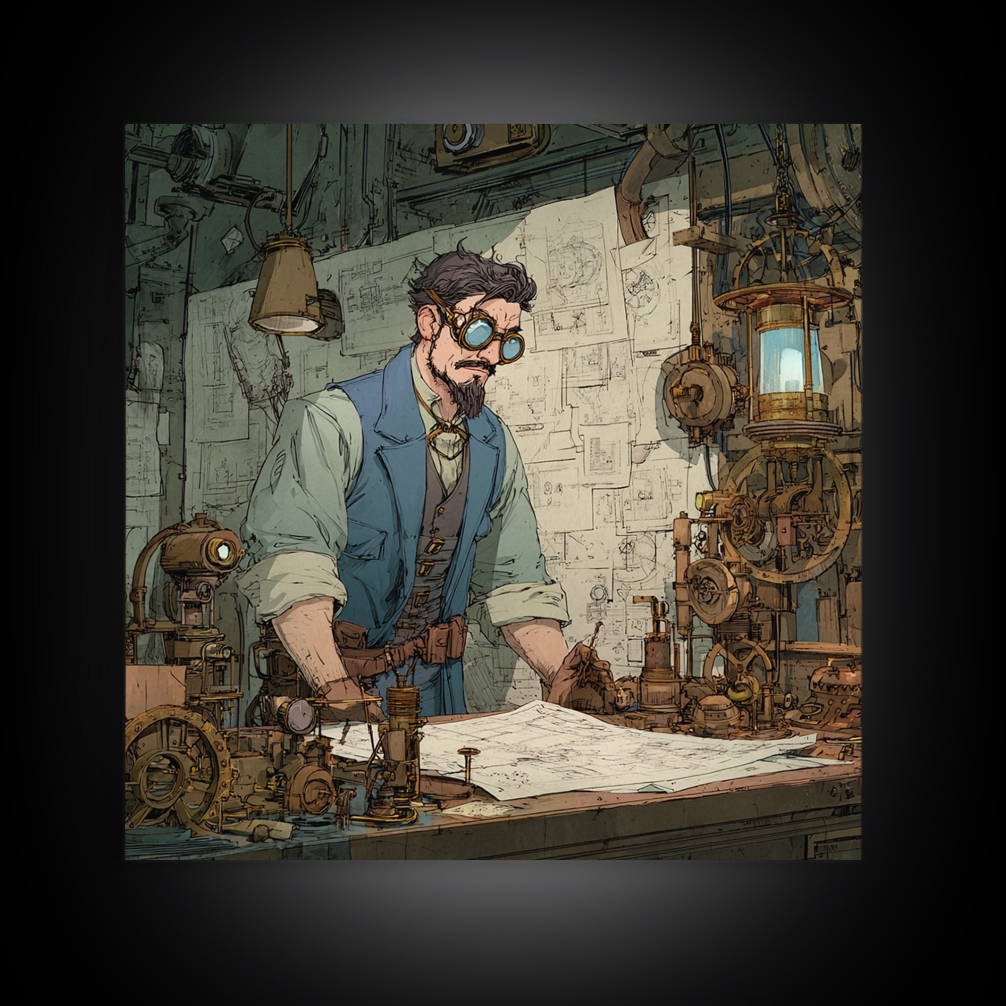 Steampunk Inventor Drafting Blueprints Canvas Print, Industrial Office Wall Art, Mechanical Workshop Decor, Gift For Him