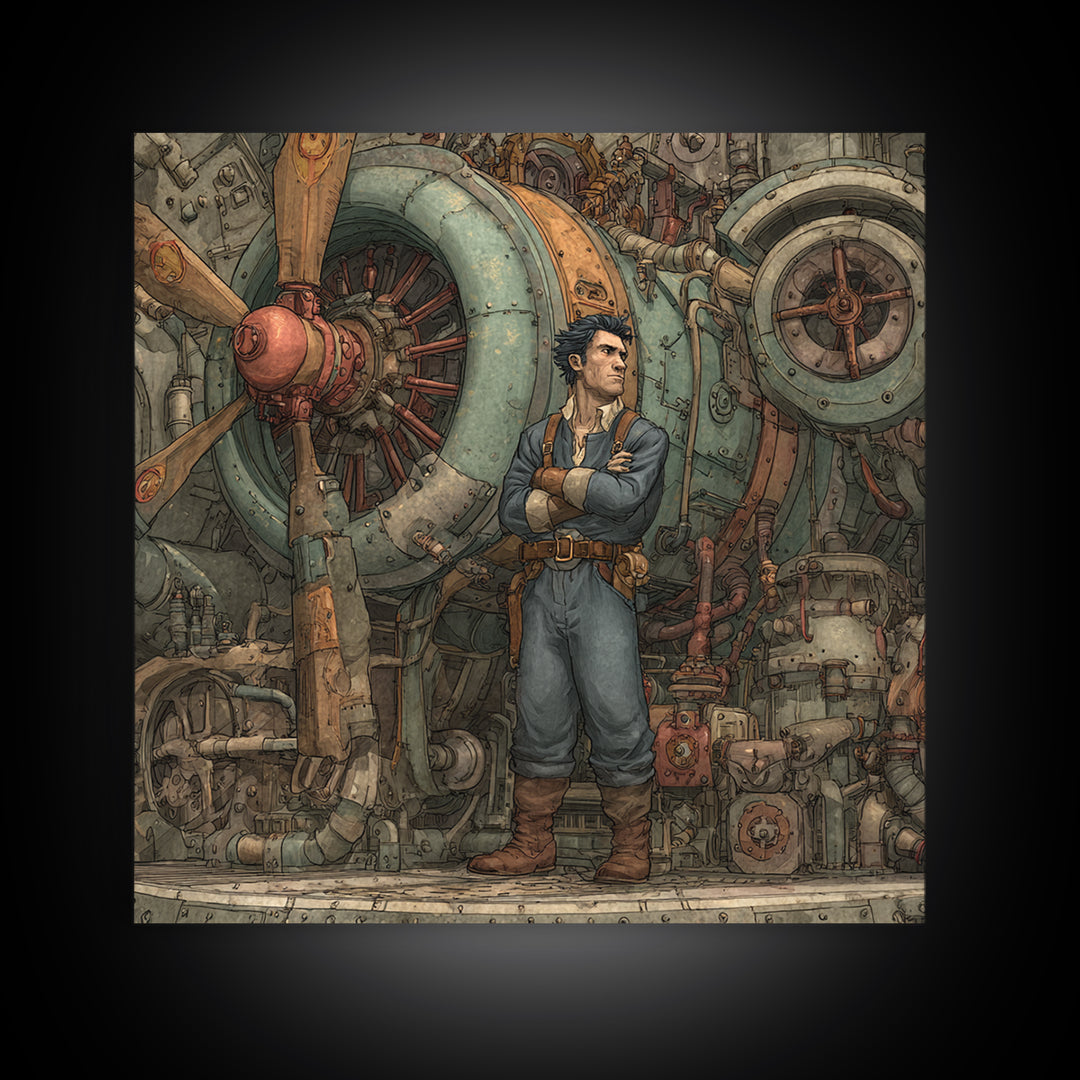 Steampunk Airship Mechanic By Giant Engine Framed Canvas Print, Industrial Sci Fi Wall Art, Mechanical Man Cave Decor Gift