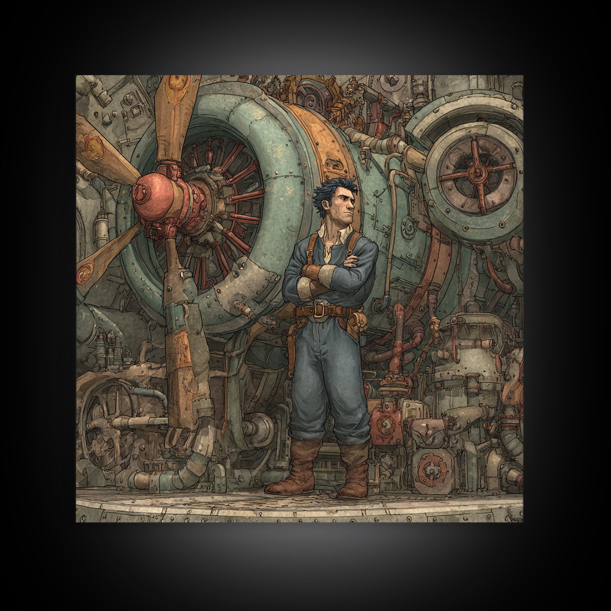 Steampunk Airship Mechanic By Giant Engine Framed Canvas Print, Industrial Sci Fi Wall Art, Mechanical Man Cave Decor Gift