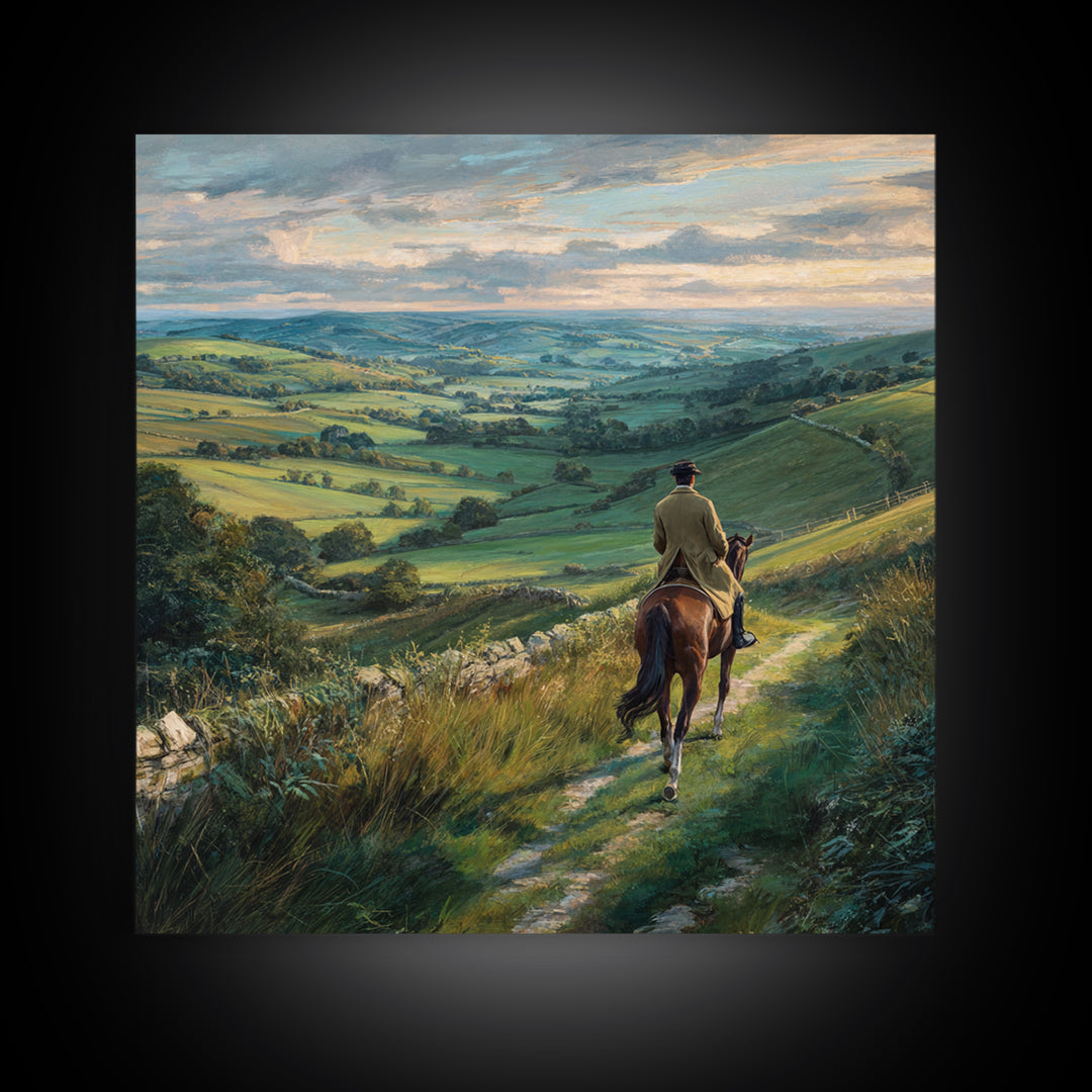 Horseback Rider Over Rolling Green Countryside Canvas Print, Equestrian Wall Art, Rustic Landscape, Country Home Decor, Gift For Horse Lover