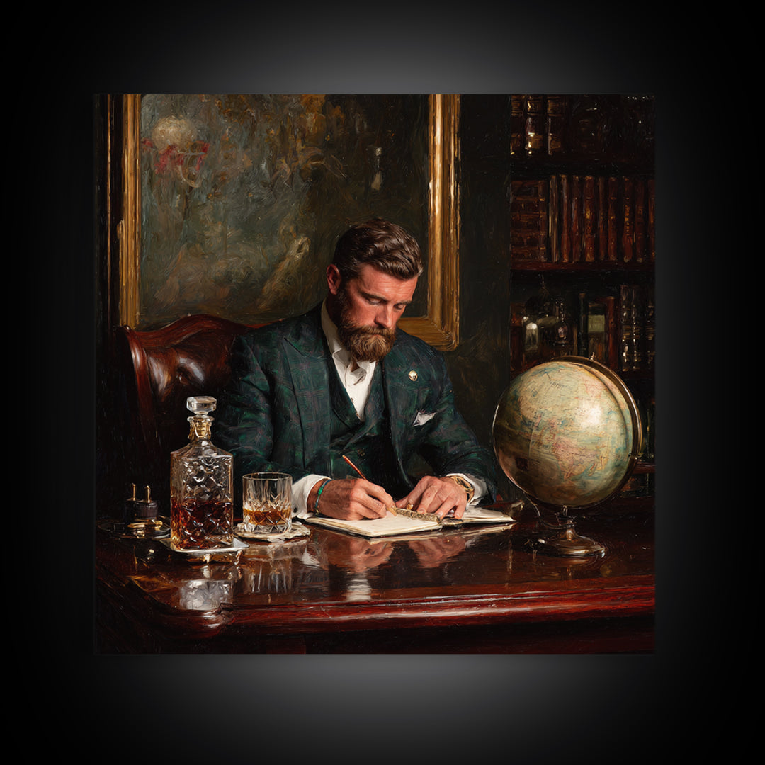 Bearded Gentleman Journaling In Moody Library Framed Canvas Print, Dark Academia Wall Art, Office Decor, Gift For Him, Masculine Decor