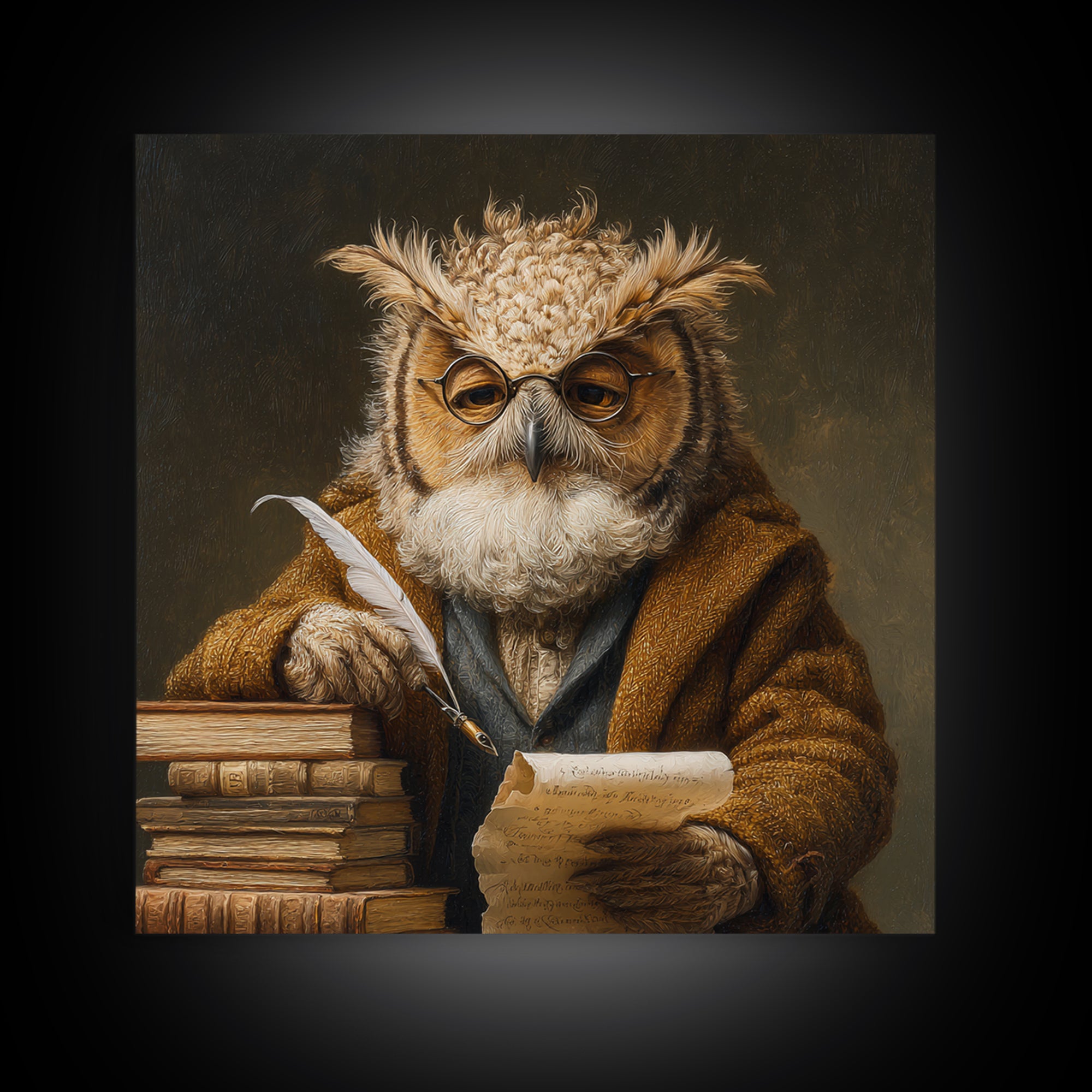 Whimsical Owl Scholar With Quill And Books Wall Art, Animal Portrait Canvas, Dark Academia Decor, Library Gift, Book Lover Gift