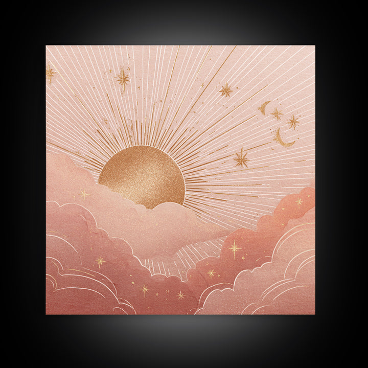 Boho Golden Sun Over Pink Clouds Wall Art, Celestial Sun And Moon Print, Warm Neutral Nursery Decor, Above Bed Decor Gift