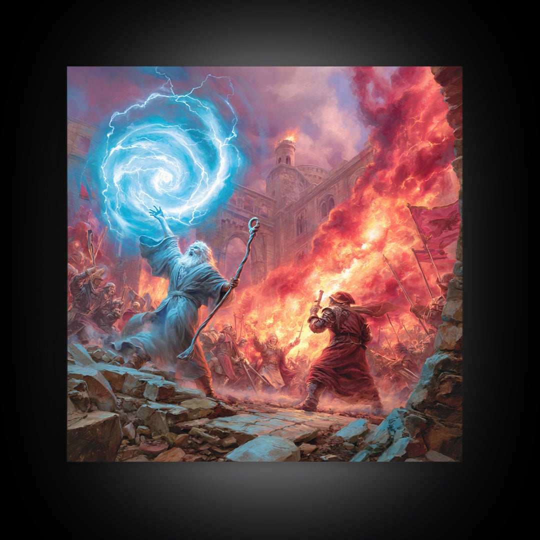 Epic Wizard Battle Canvas Print, Fantasy Wall Art With Fire Magic Portal, Dungeons And Dragons Decor, Gamer Room Gift, Epic Art
