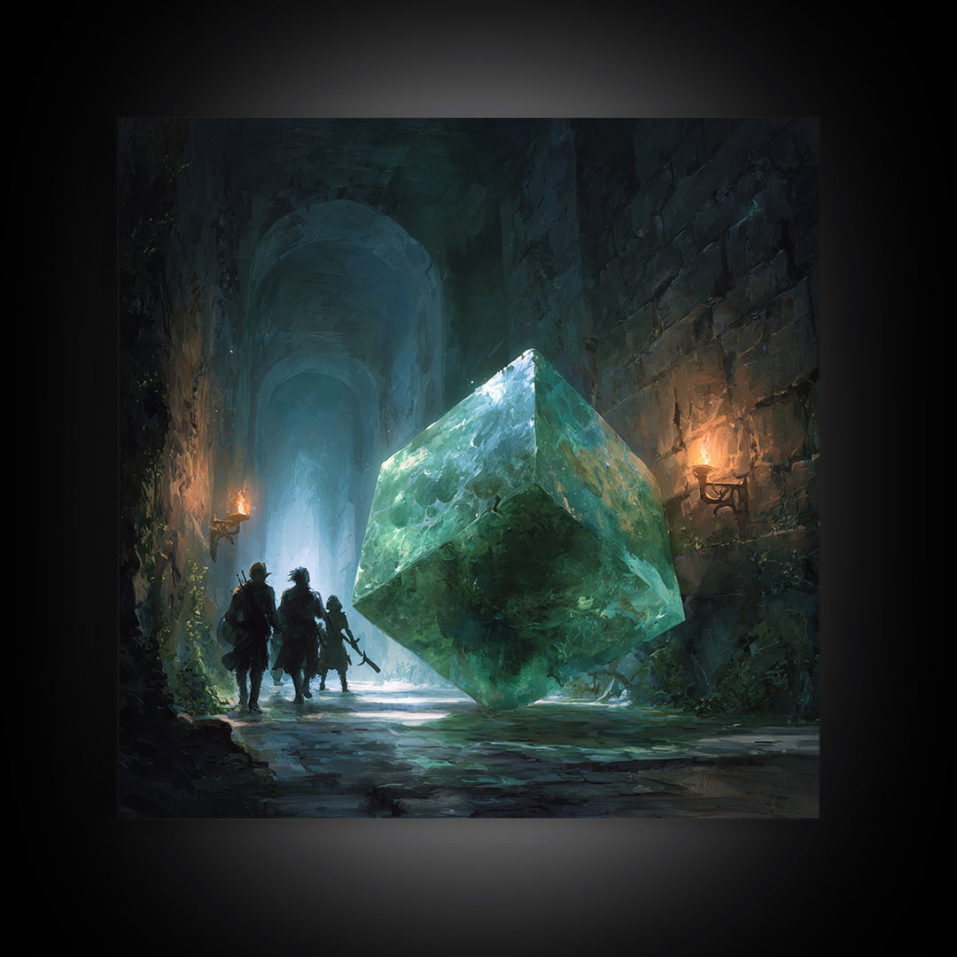 Glowing Green Crystal Dungeon Wall Art, Fantasy Adventure Canvas Print, Magical Library Decor, Dungeons And Dragons Gift