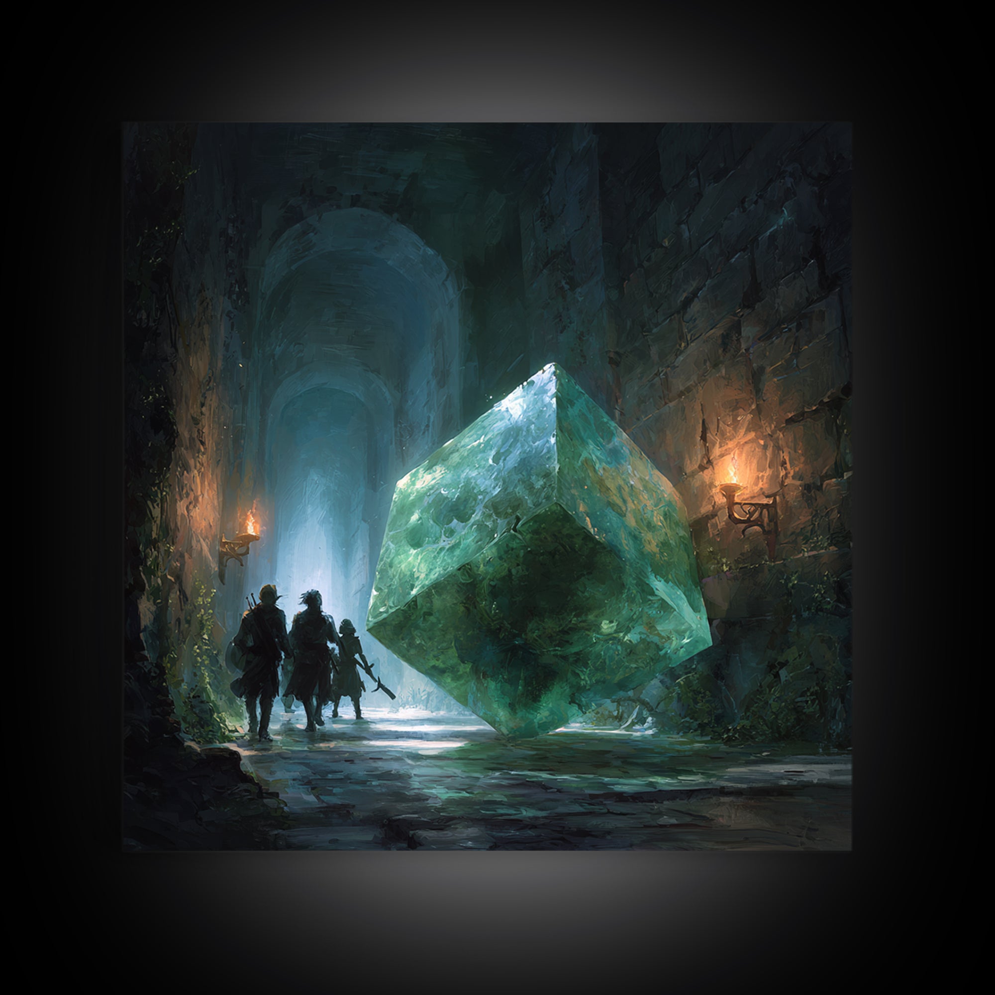 Glowing Green Crystal Dungeon Wall Art, Fantasy Adventure Canvas Print, Magical Library Decor, Dungeons And Dragons Gift