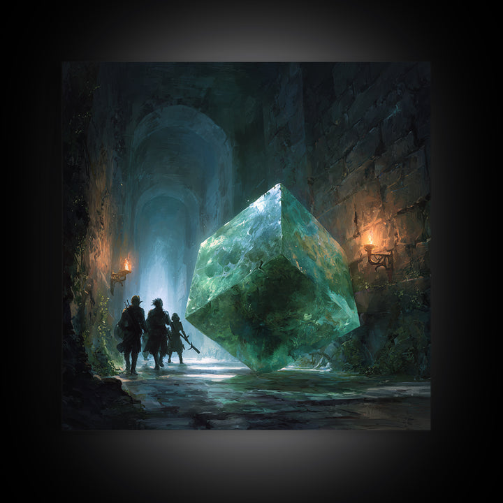 Glowing Green Crystal Dungeon Wall Art, Fantasy Adventure Canvas Print, Magical Library Decor, Dungeons And Dragons Gift