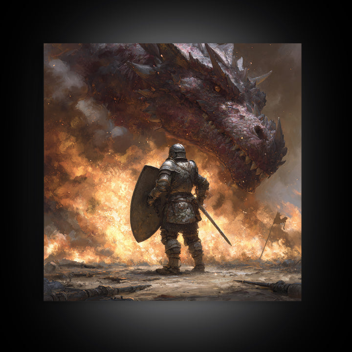 Armored Knight Facing Dragon Framed Canvas Print, Dark Fantasy Wall Art, Medieval Fire Battle Decor, Gamer Gift For Him, Dragon Art