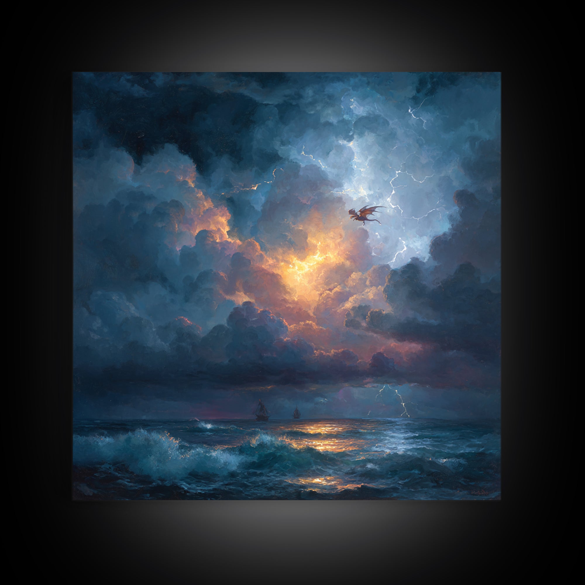 Stormy Ocean Dragon Seascape Canvas Print, Moody Coastal Wall Art, Dark Fantasy Landscape, Nautical Decor Gift For Him, Storm Art