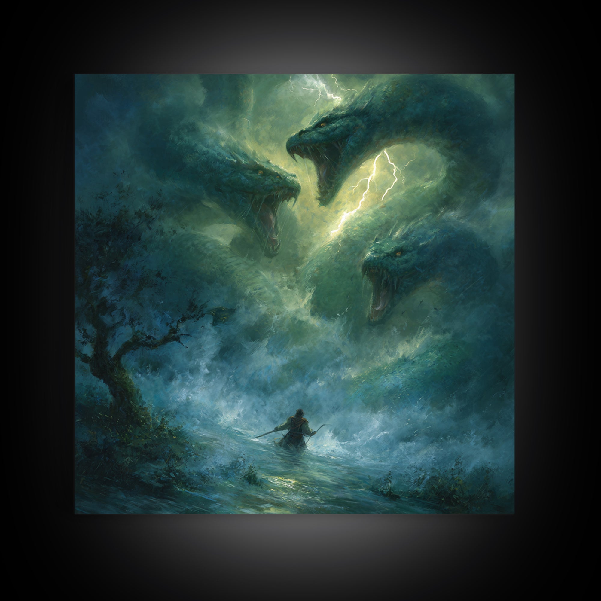 Three Headed Sea Serpent Storm Wall Art, Dark Fantasy Canvas Print, Mythical Creature Decor, Dragon Art Gift For Him, Epic Battle