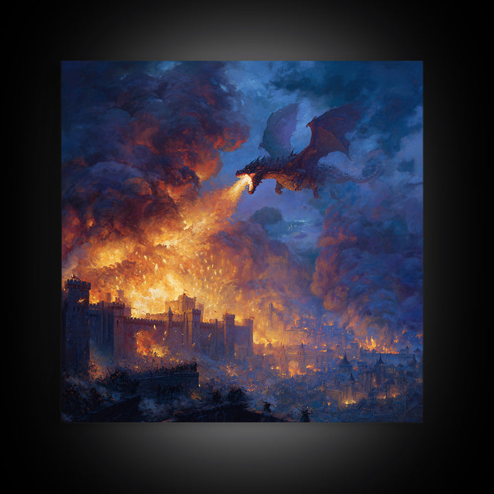 Fire Breathing Dragon Over Burning City Wall Art, Dark Fantasy Canvas Print, Medieval Castle Decor, Epic Gamer Gift For Him