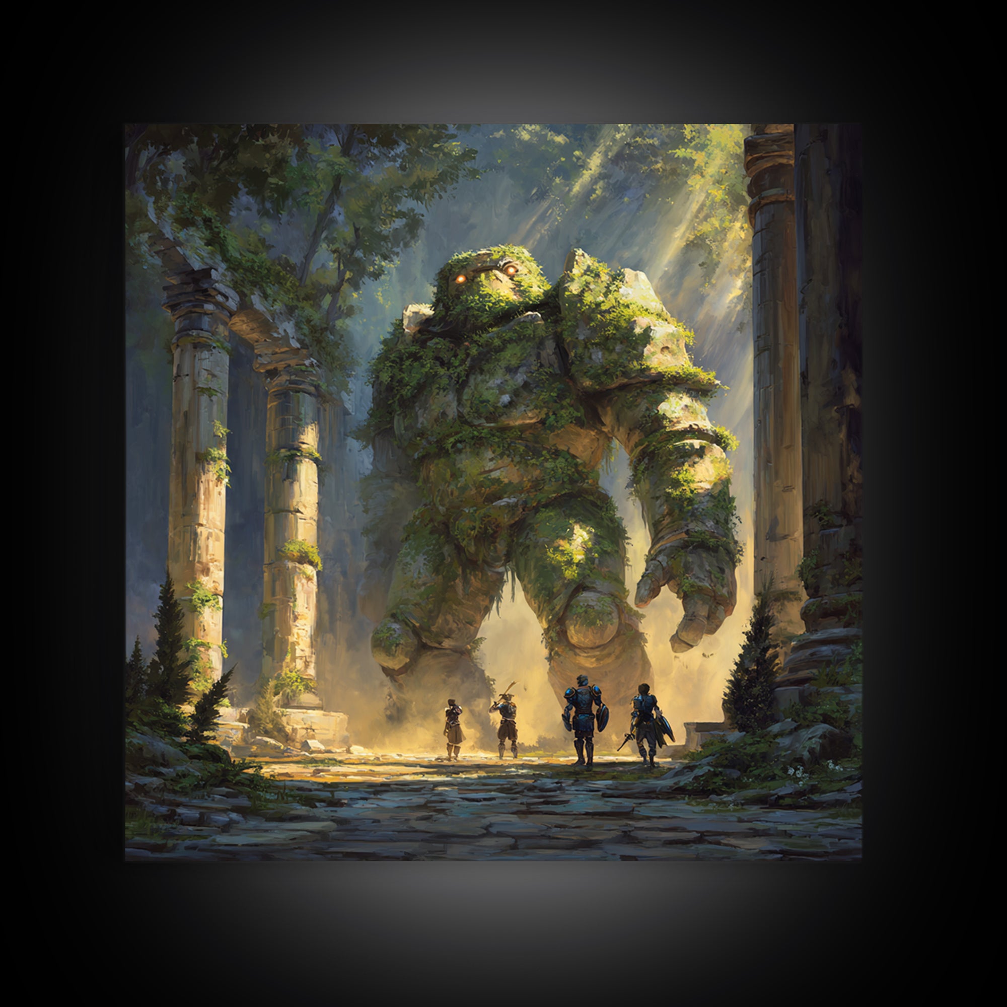 Moss Covered Forest Golem Ruins Wall Art, Fantasy Canvas Print, Whimsical Adventure Decor, Magical Woodland Artwork For Game Room