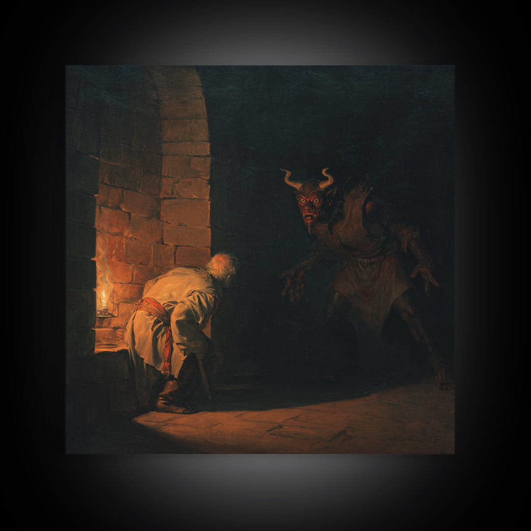 Candlelit Dungeon Demon Encounter Wall Art, Dark Fantasy Canvas Print, Gothic Horror Decor, Medieval Monster Artwork For Study