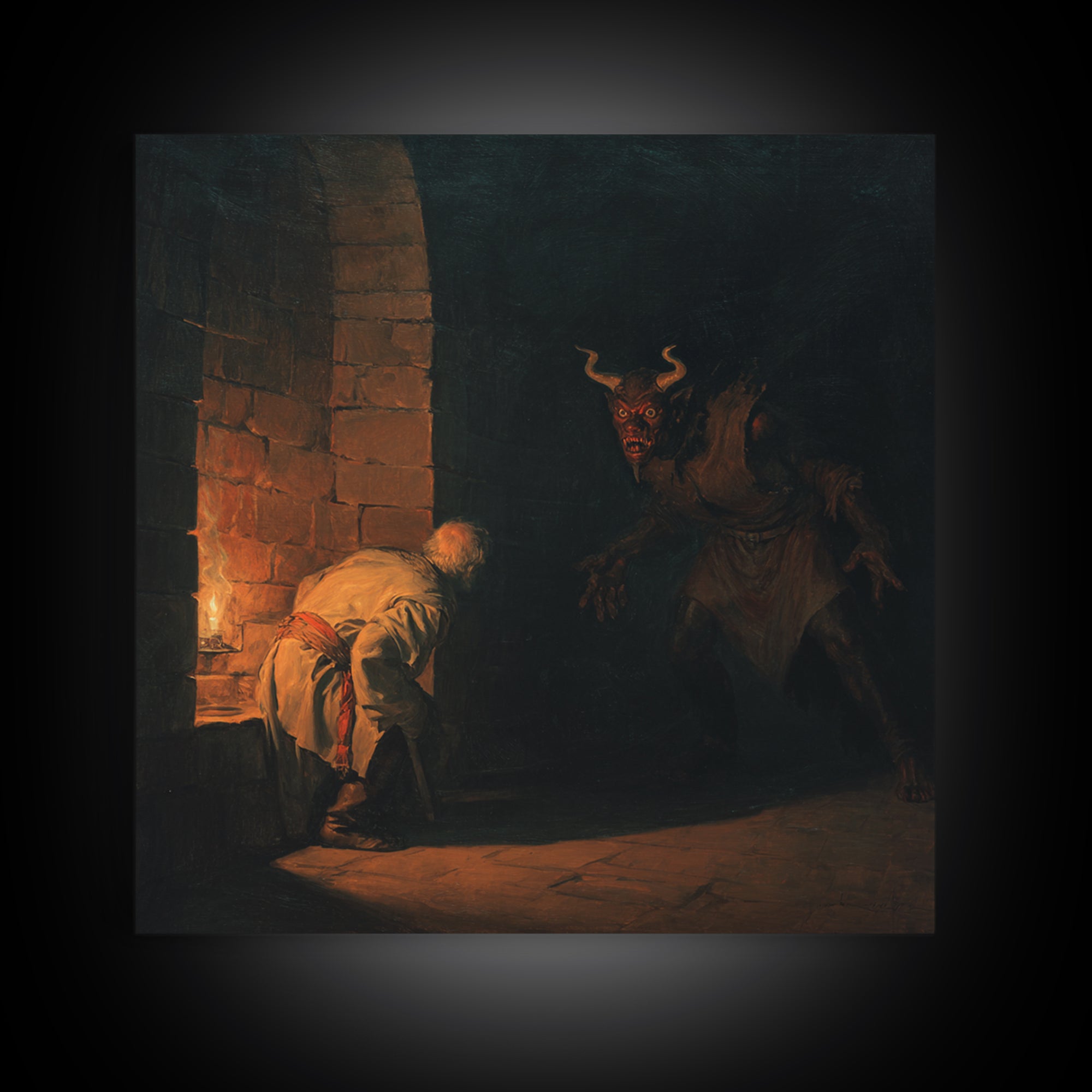 Candlelit Dungeon Demon Encounter Wall Art, Dark Fantasy Canvas Print, Gothic Horror Decor, Medieval Monster Artwork For Study