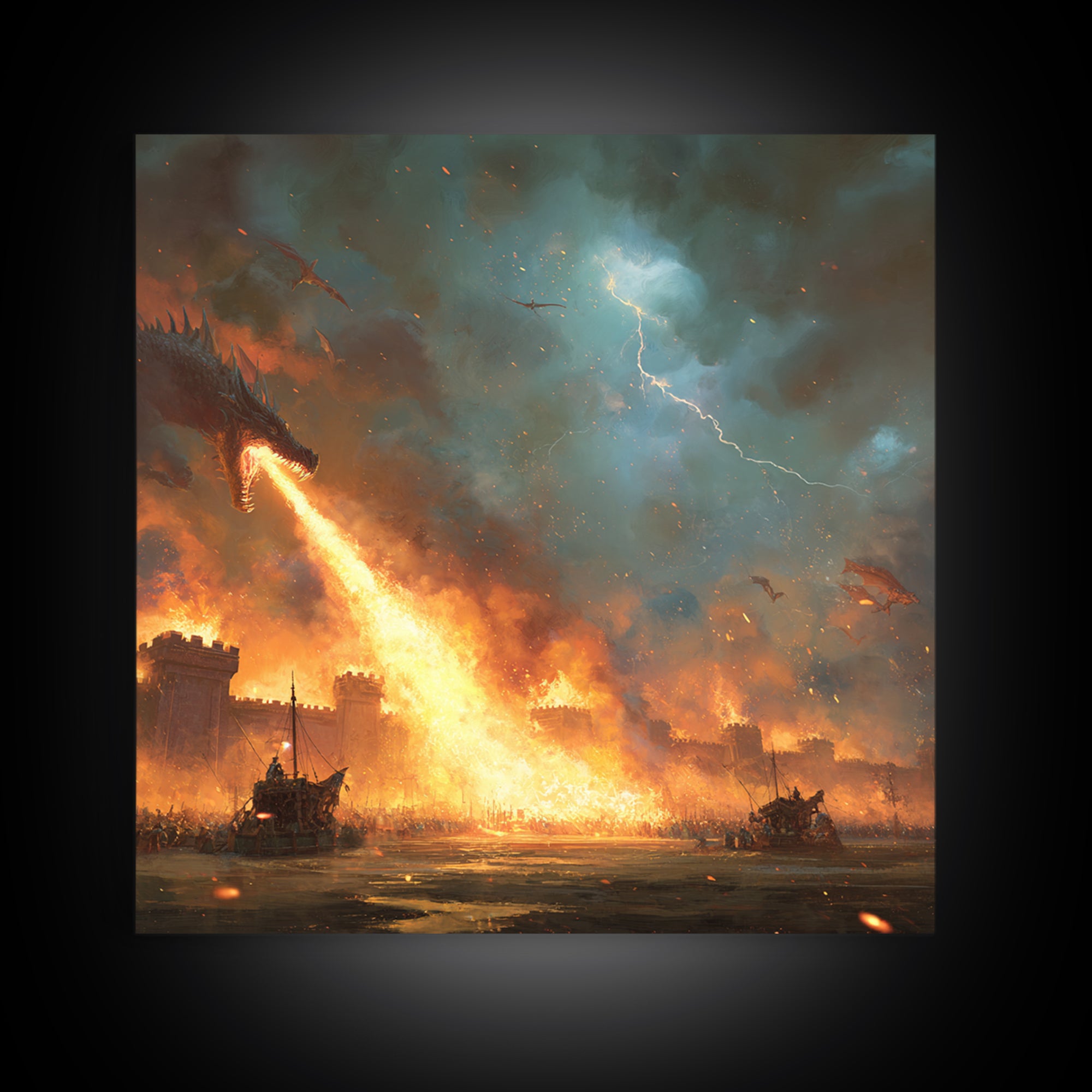 Fire Breathing Dragon Siege Wall Art, Epic Fantasy Canvas Print, Medieval Castle Battle Decor, Dramatic Game Room Artwork