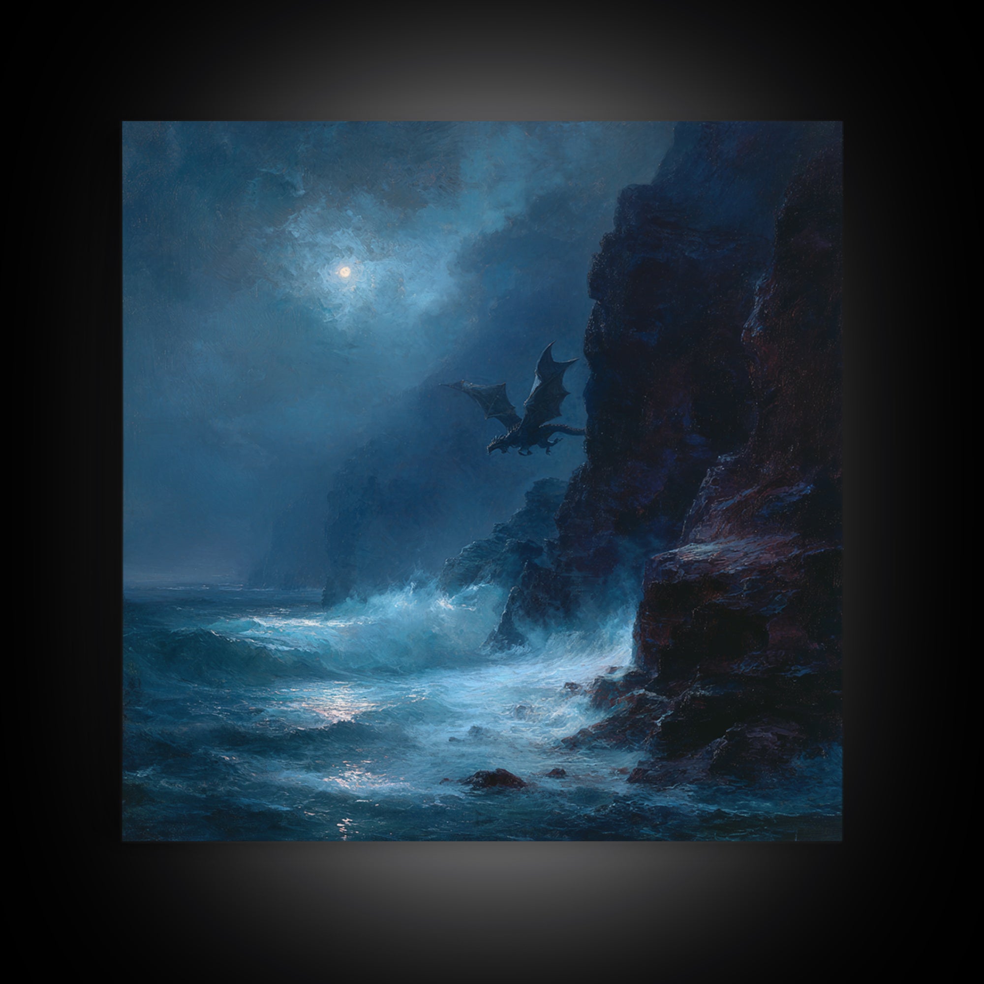 Moonlit Dragon Over Stormy Sea Cliffs Wall Art, Fantasy Seascape Canvas Print, Moody Coastal Decor, Gothic Ocean Artwork
