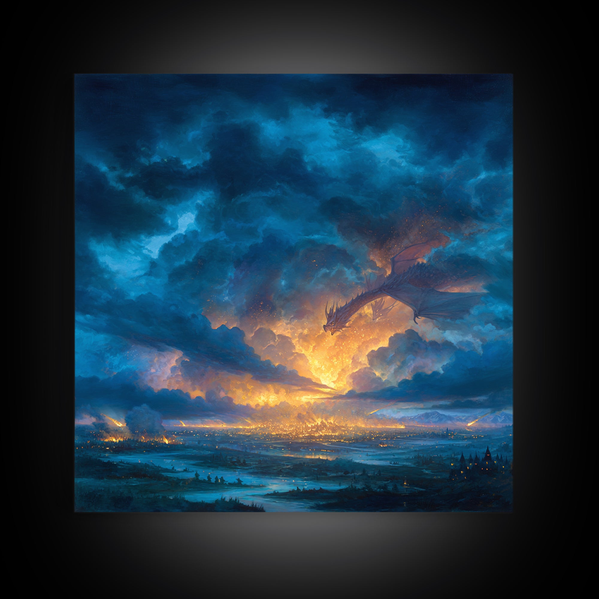 Storm Cloud Dragon Above Glowing Kingdom Wall Art, Fantasy Landscape Canvas Print, Dramatic Sky Decor, Epic Castle Artwork
