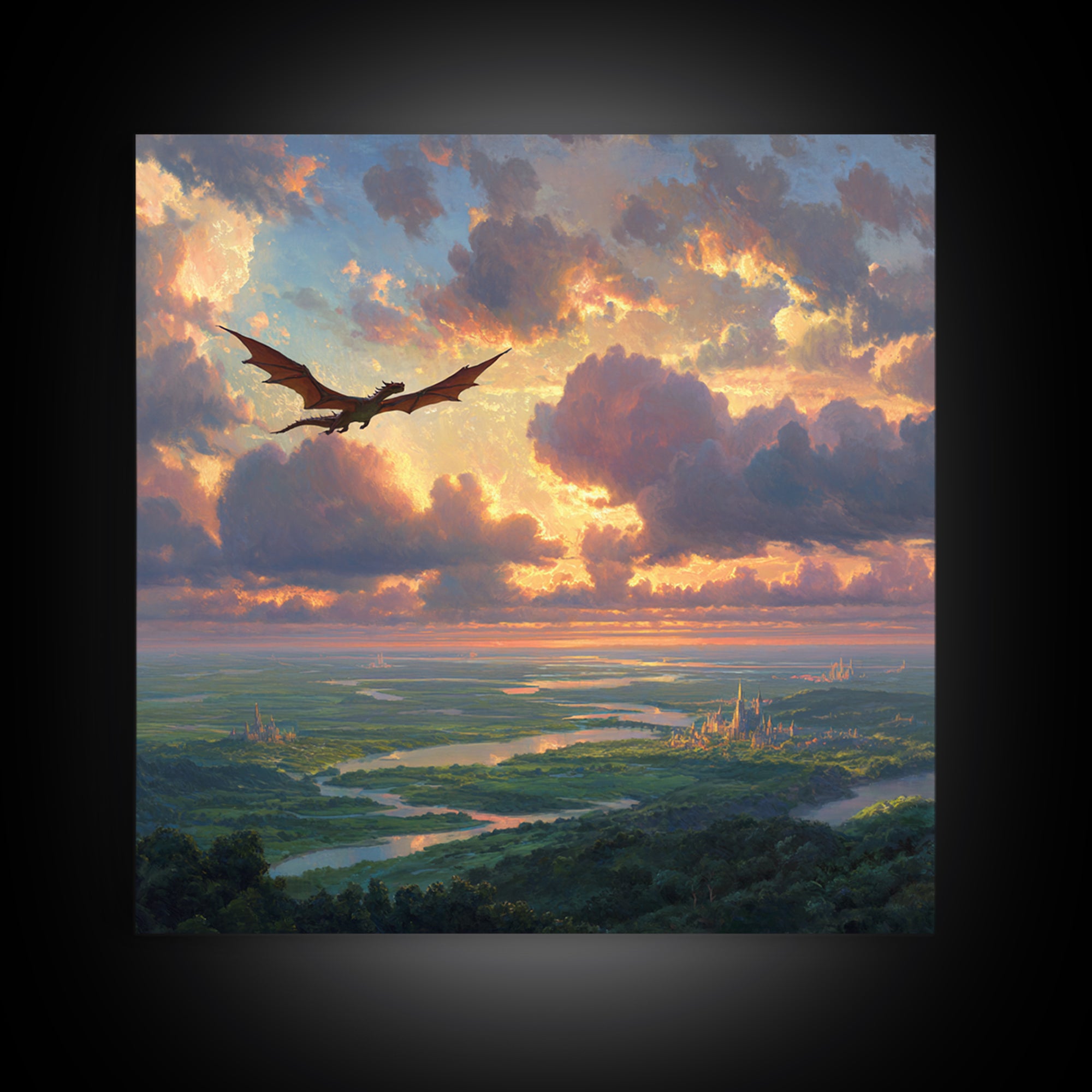 Soaring Dragon Sunset Valley Wall Art, Fantasy Landscape Canvas Print, Castle Kingdom Decor, Dreamy Adventure Artwork For Living Room
