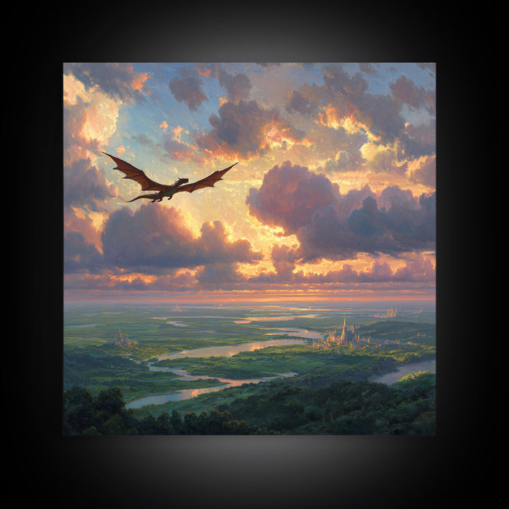 Soaring Dragon Sunset Valley Wall Art, Fantasy Landscape Canvas Print, Castle Kingdom Decor, Dreamy Adventure Artwork For Living Room