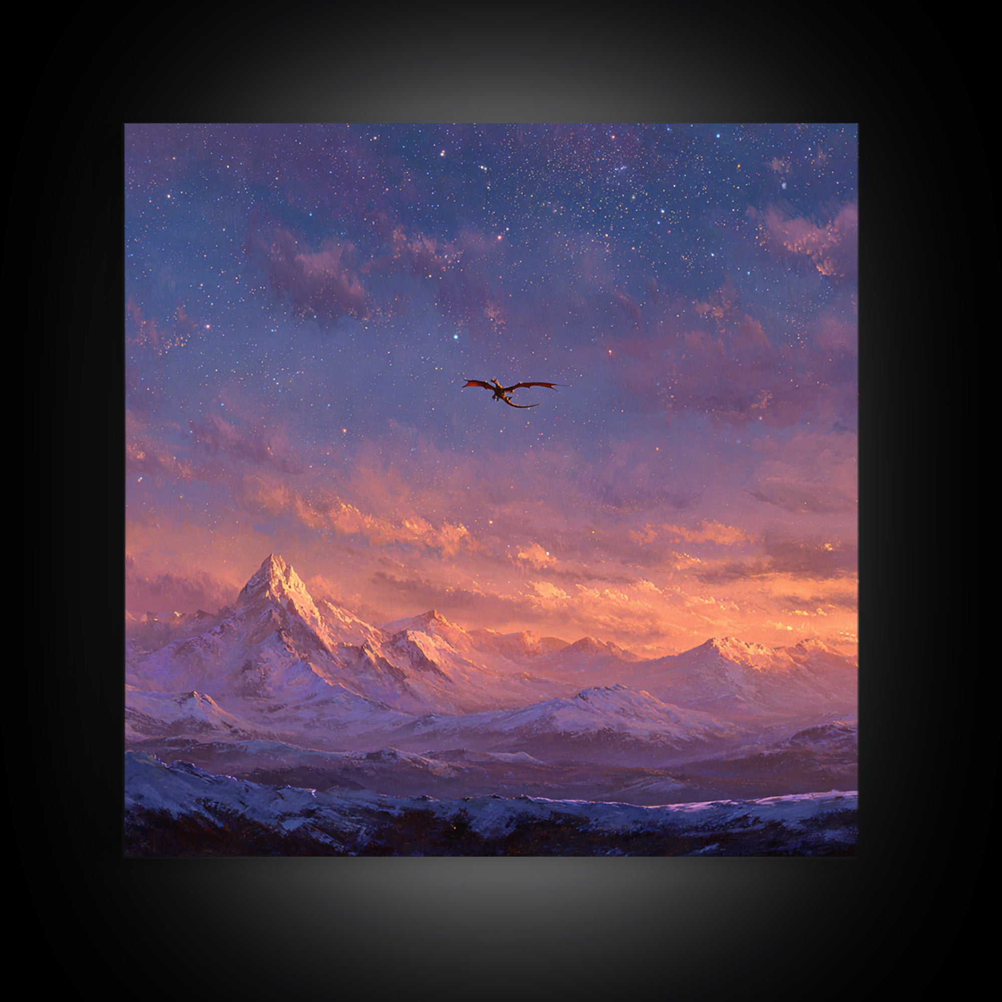 Starry Mountain Dragon Flight Wall Art, Fantasy Canvas Print, Snowy Alpine Landscape Decor, Celestial Adventure Artwork For Bedroom