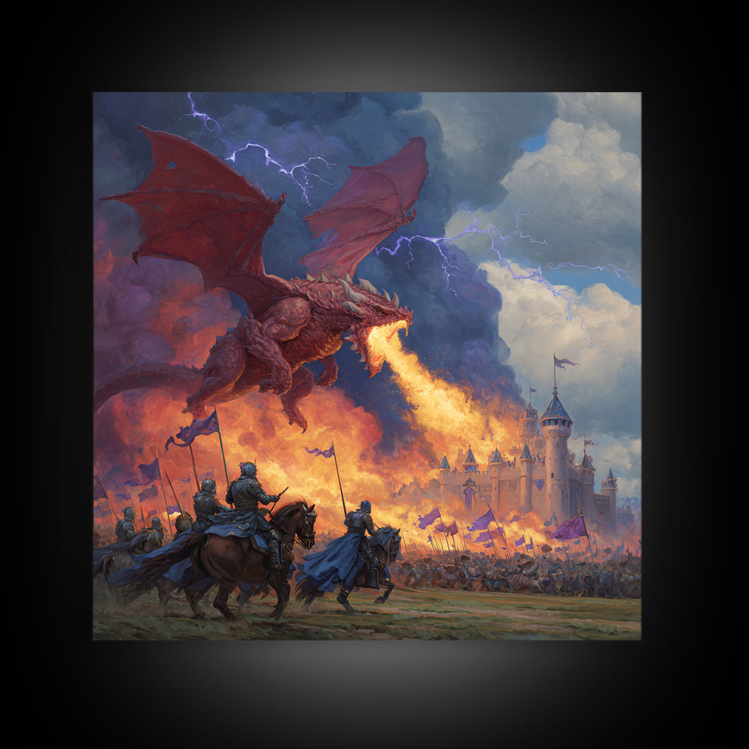 Red Dragon Castle Siege Wall Art, Epic Fantasy Framed Canvas Print, Medieval Battle Decor, Knight Adventure Game Room Artwork