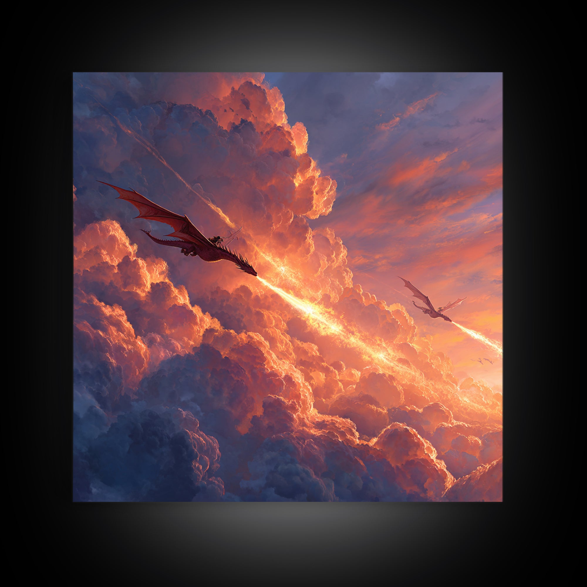 Dragons Blazing Through Sunset Clouds Wall Art, Fantasy Canvas Print, Fiery Sky Decor, Epic Mythical Adventure Artwork For Office