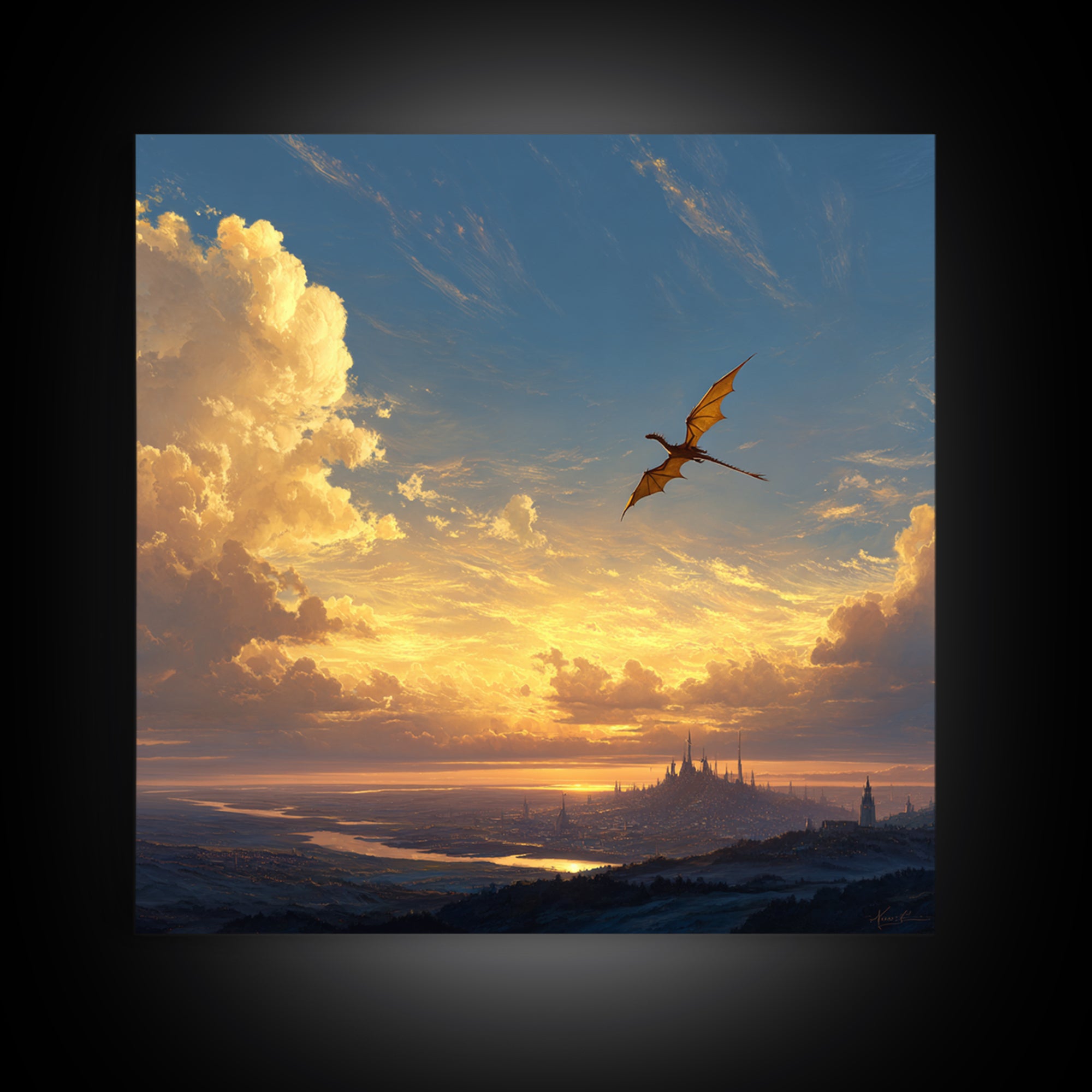 Lone Dragon Over Golden Horizon Wall Art, Fantasy Landscape Canvas Print, Sunset Castle Decor, Serene Coastal Artwork For Living Room