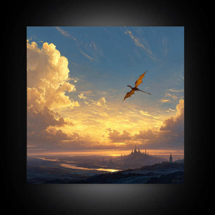 Lone Dragon Over Golden Horizon Wall Art, Fantasy Landscape Canvas Print, Sunset Castle Decor, Serene Coastal Artwork For Living Room