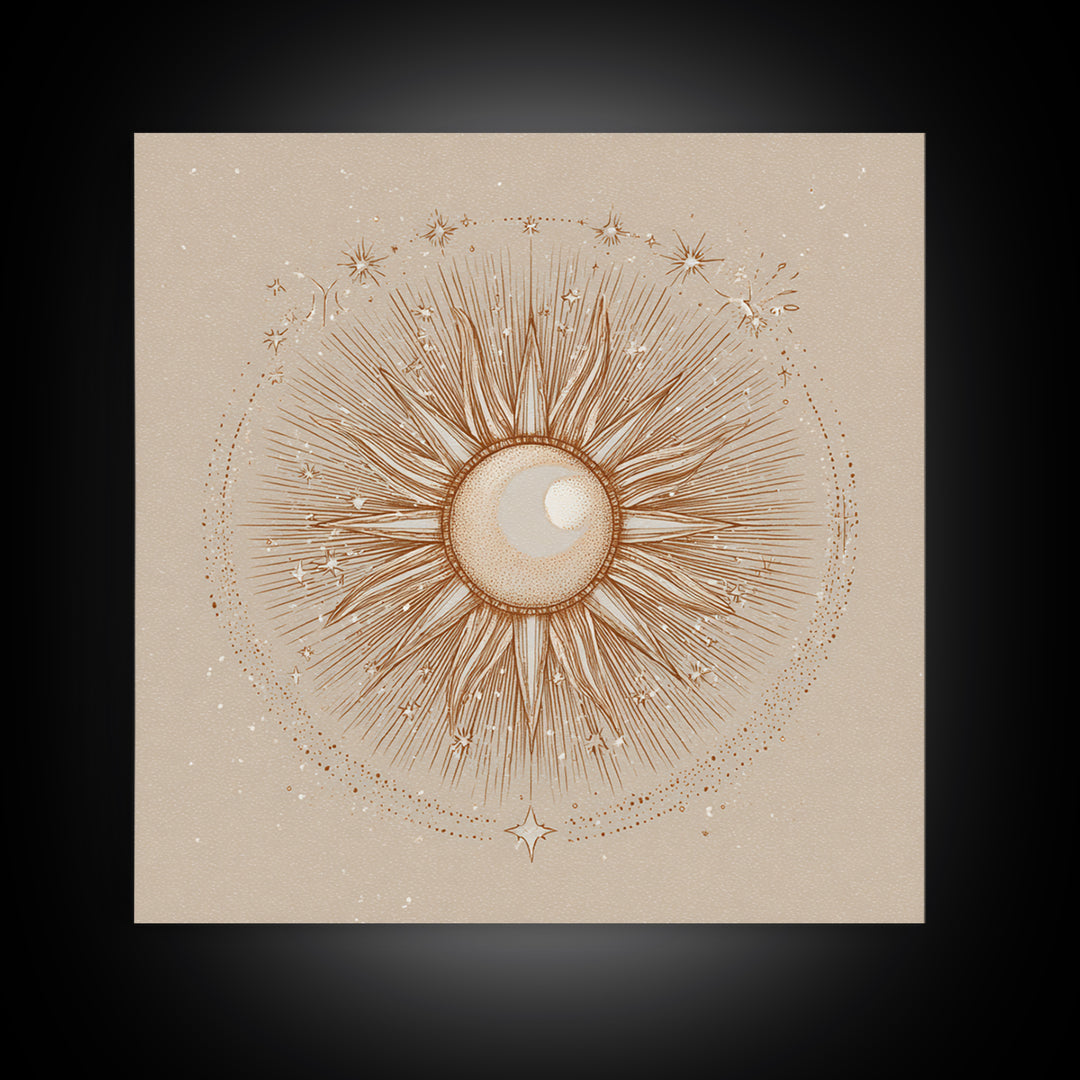 Celestial Sunburst Moon Line Art Framed Canvas Print, Neutral Boho Wall Art, Mystical Minimalist Bedroom Decor, Above Bed Decor