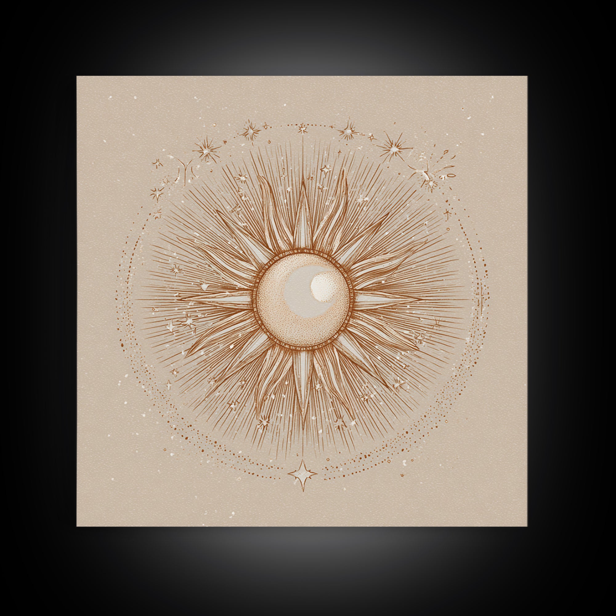Celestial Sunburst Moon Line Art Framed Canvas Print, Neutral Boho Wall Art, Mystical Minimalist Bedroom Decor, Above Bed Decor