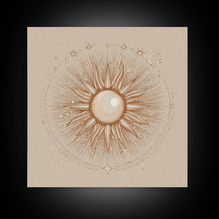 Celestial Sunburst Moon Line Art Framed Canvas Print, Neutral Boho Wall Art, Mystical Minimalist Bedroom Decor, Above Bed Decor